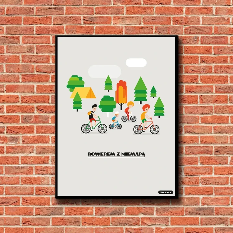 Plakat Rowerem z Niemapą tło ściana czerwone cegły