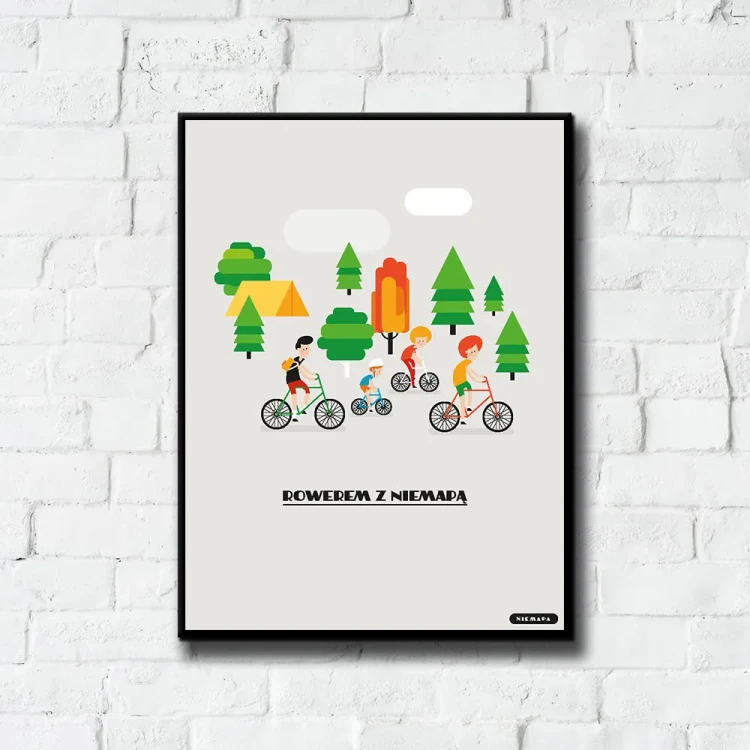 Plakat Rowerem z Niemapą tło ściana białe cegły