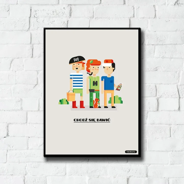 Plakat Chodź się Bawić tło ściana białe cegły