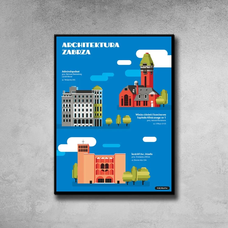Plakat Architektura Zabrze - styl NIEMAPA - grafika na ścianę - tło ściana szary beton
