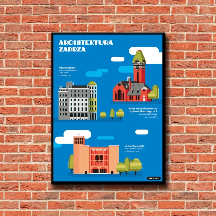 Plakat Architektura Zabrze - styl NIEMAPA - grafika na ścianę - tło ściana czerwone cegły