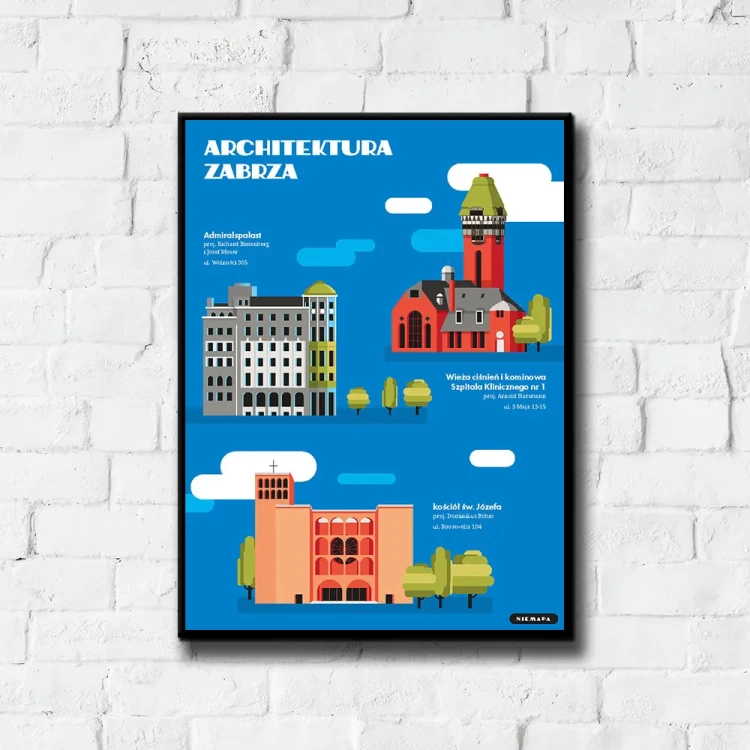 Plakat Architektura Zabrze - styl NIEMAPA - grafika na ścianę - tło ściana białe cegły