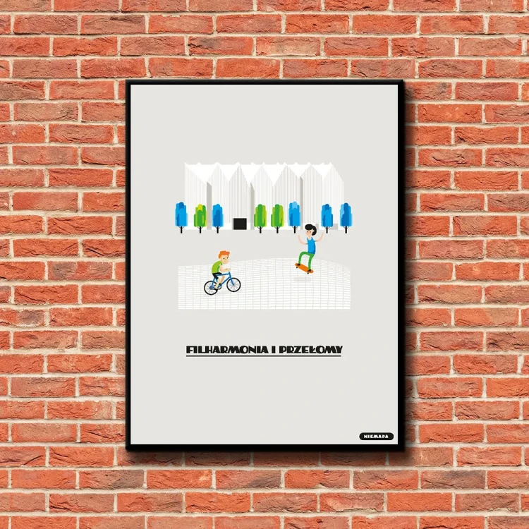 Plakat Filharmonia i Przełomy tło ściana czerwone cegły