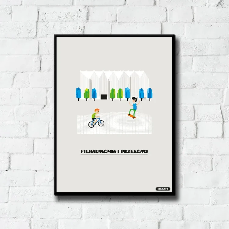 Plakat Filharmonia i Przełomy tło ściana białe cegły