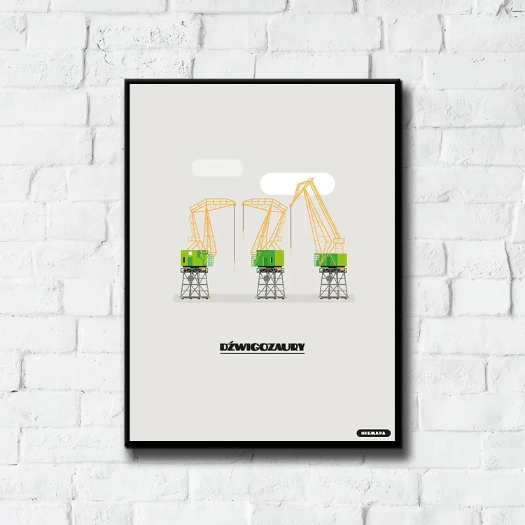Plakat Dzwigozaury tło ściana białe cegły
