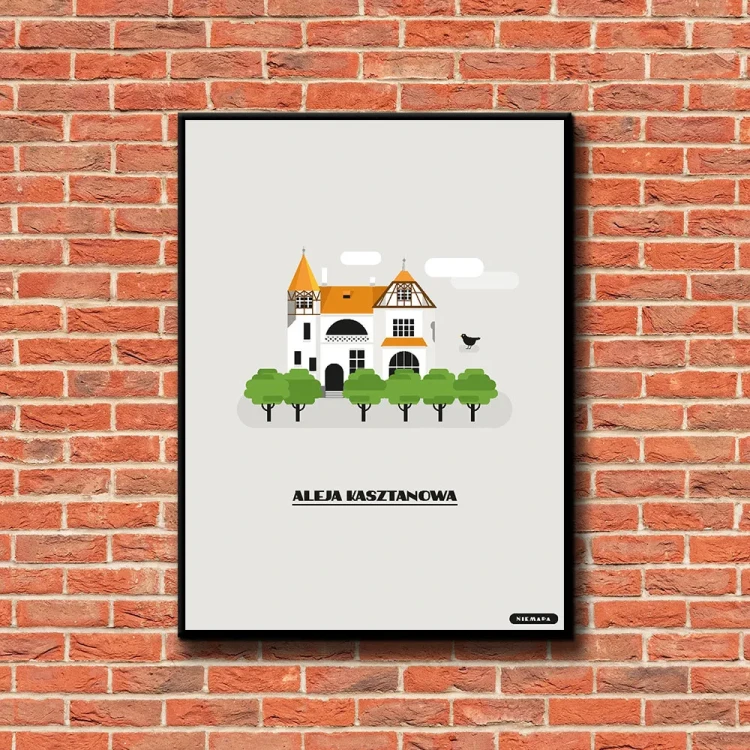 Plakat Aleja Kasztanowa tło ściana czerwone cegły