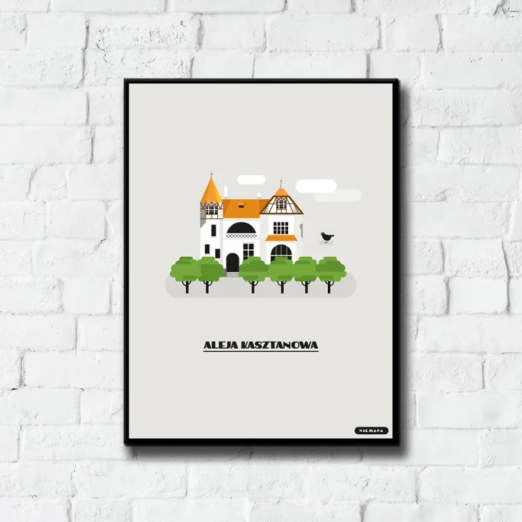 Plakat Aleja Kasztanowa tło ściana białe cegły