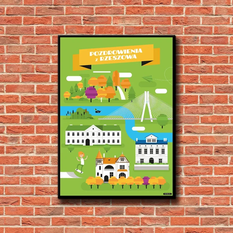 Plakat Pozdrowienia z Rzeszowa tło ściana czerwone cegły