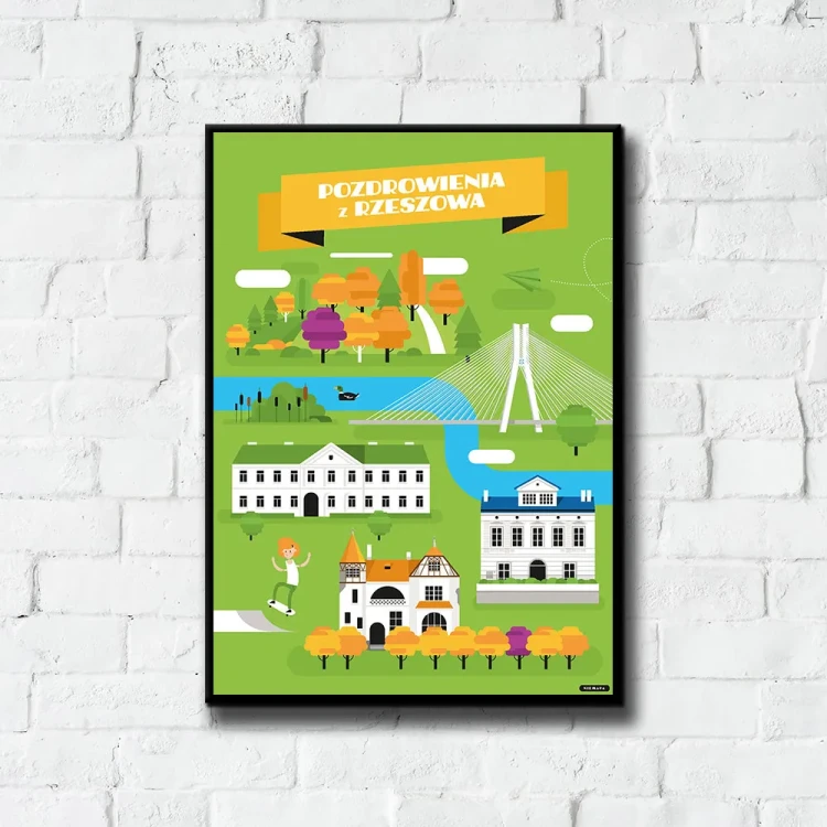 Plakat Pozdrowienia z Rzeszowa tło ściana białe cegły