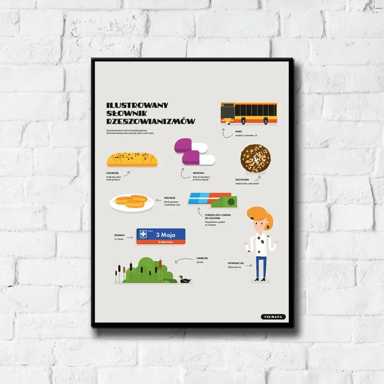 Plakat Ilustrowany Słownik Rzeszowianizmów tło ściana białe cegły