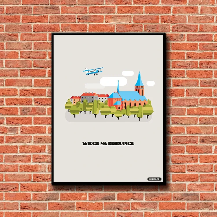 Plakat Widok na Biskupice tło ściana czerwone cegły