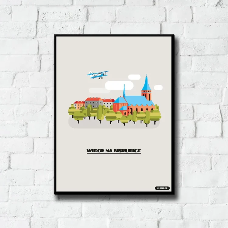 Plakat Widok na Biskupice tło ściana białe cegły