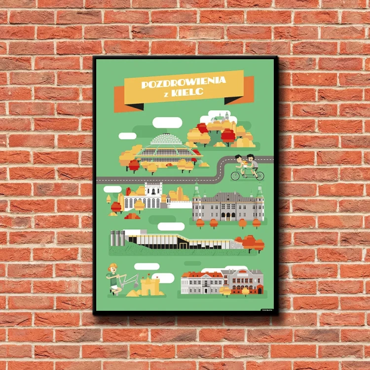 Plakat Pozdrowienia z Kielc tło ściana czerwone cegły