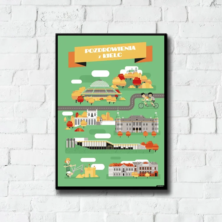 Plakat Pozdrowienia z Kielc tło ściana białe cegły