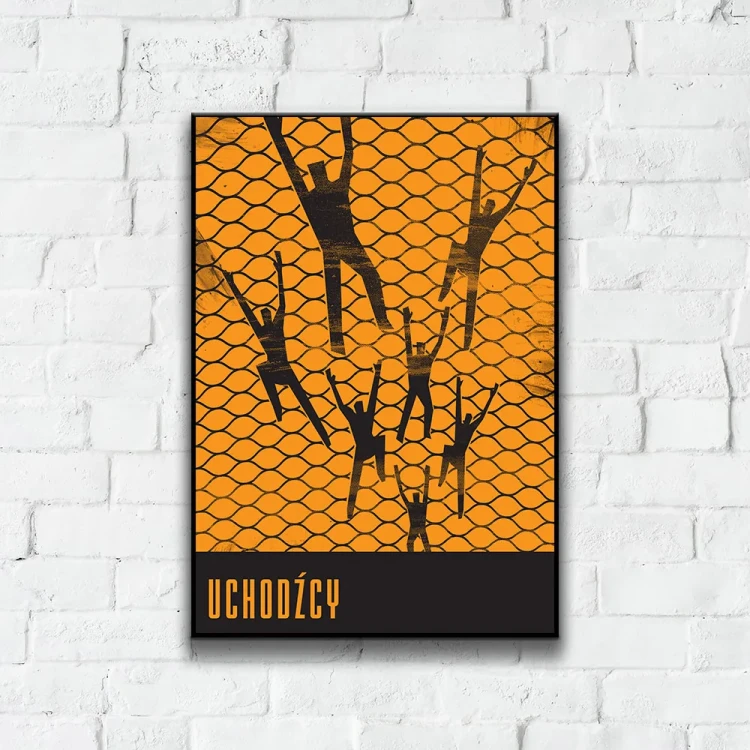 Plakat uchodzcy tło ściana białe cegły