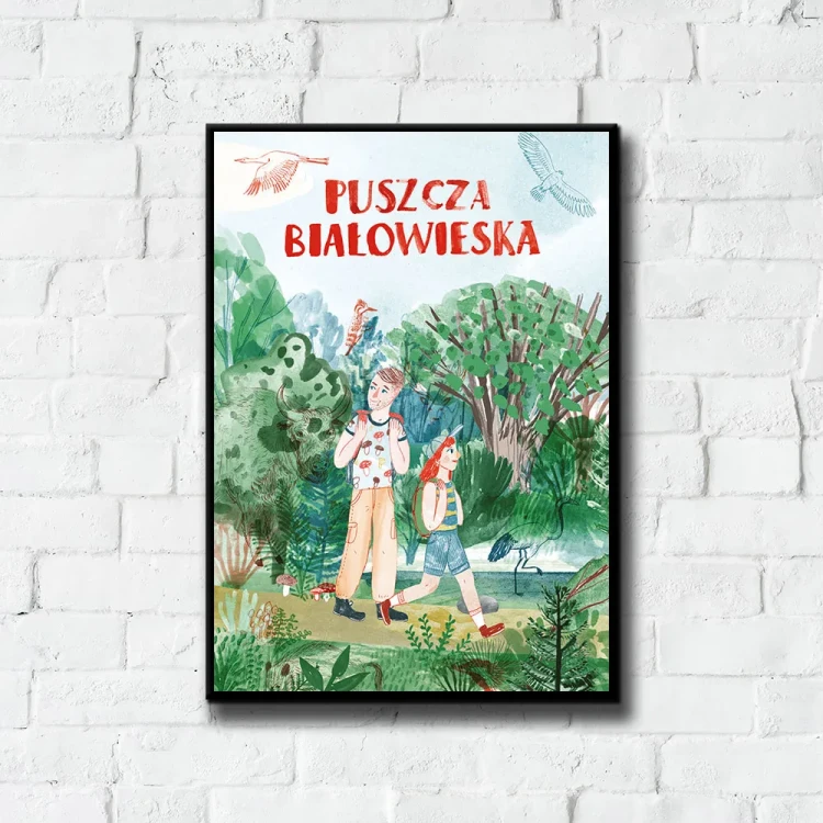 Plakat Puszcza Białowieska tło ściana białe cegły