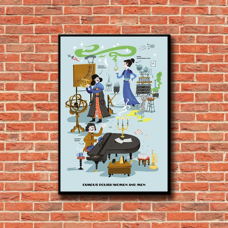 Plakat Famous Polish Women and Men tło ściana czerwone cegły