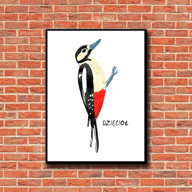Plakat Dzięcioł tło ściana czerwone cegły