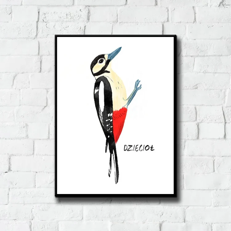 Plakat Dzięcioł tło ściana białe cegły