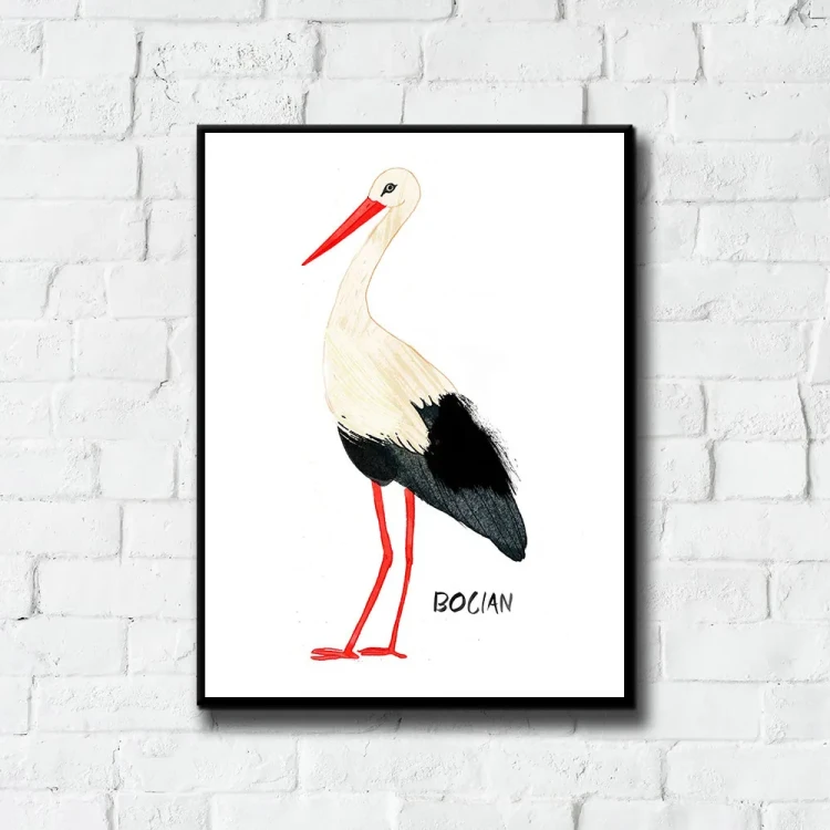 Plakat Bocian tło ściana białe cegły