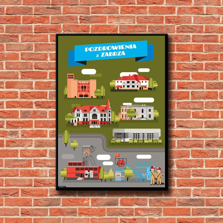 Plakat Pozdrowienia z Zabrza tło ściana czerwone cegły