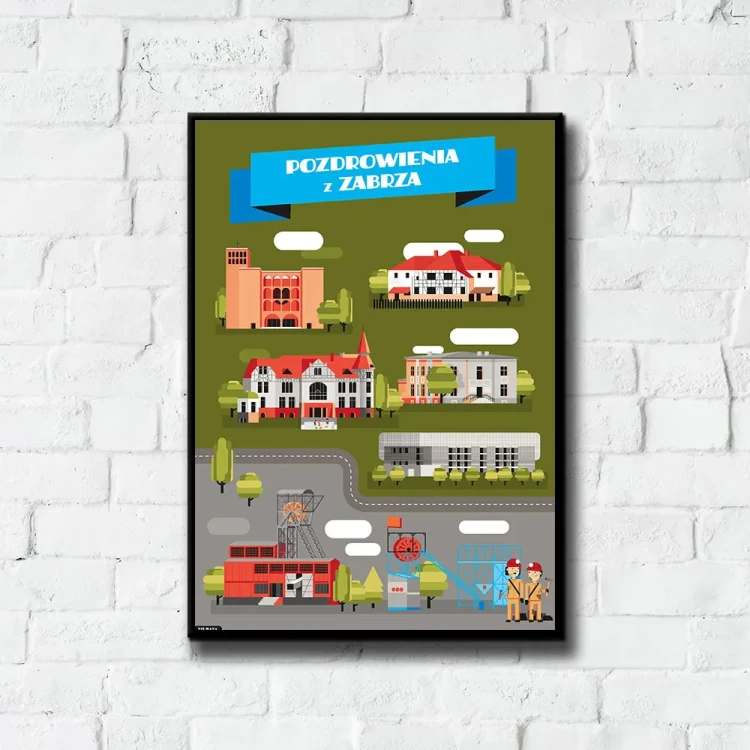 Plakat Pozdrowienia z Zabrza tło ściana białe cegły