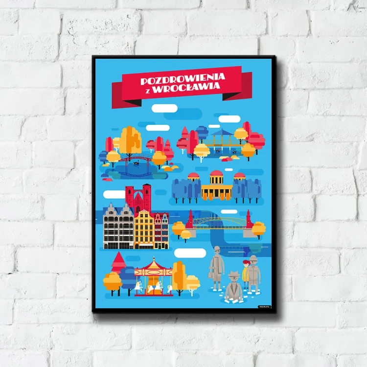 Plakat Pozdrowienia z Wrocławia tło ściana białe cegły