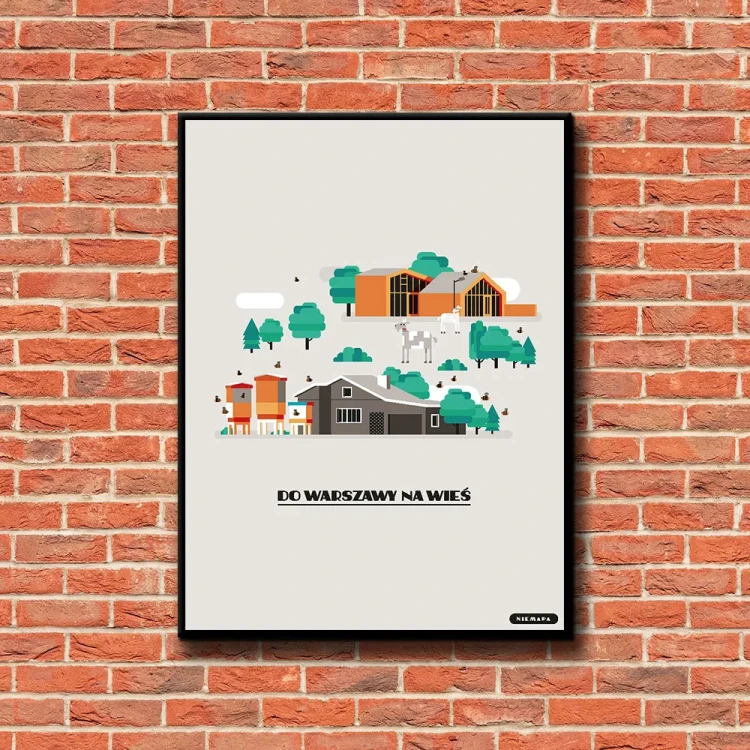 Plakat Do Warszawy na Wieś tło ściana czerwone cegły
