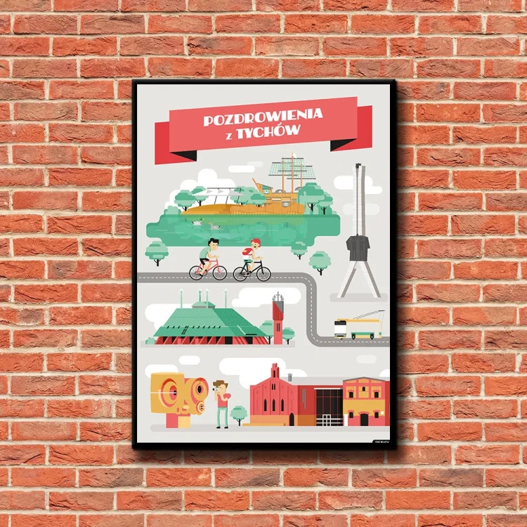 Plakat Pozdrowienia z Tychów tło ściana czerwone cegły