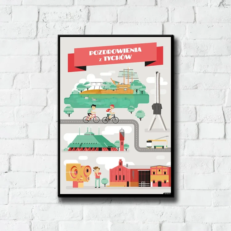 Plakat Pozdrowienia z Tychów tło ściana białe cegły