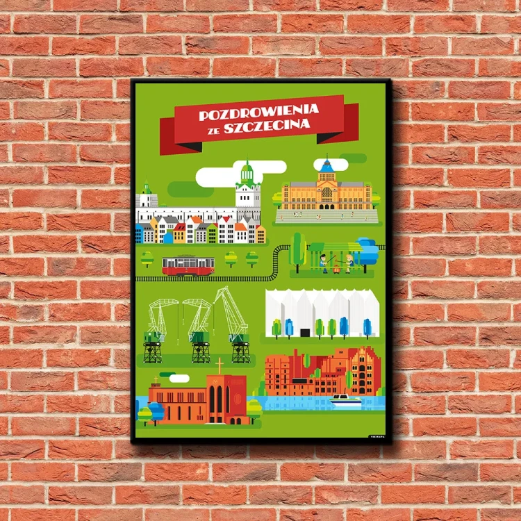Plakat Pozdrowienia ze Szczecina tło ściana czerwone cegły
