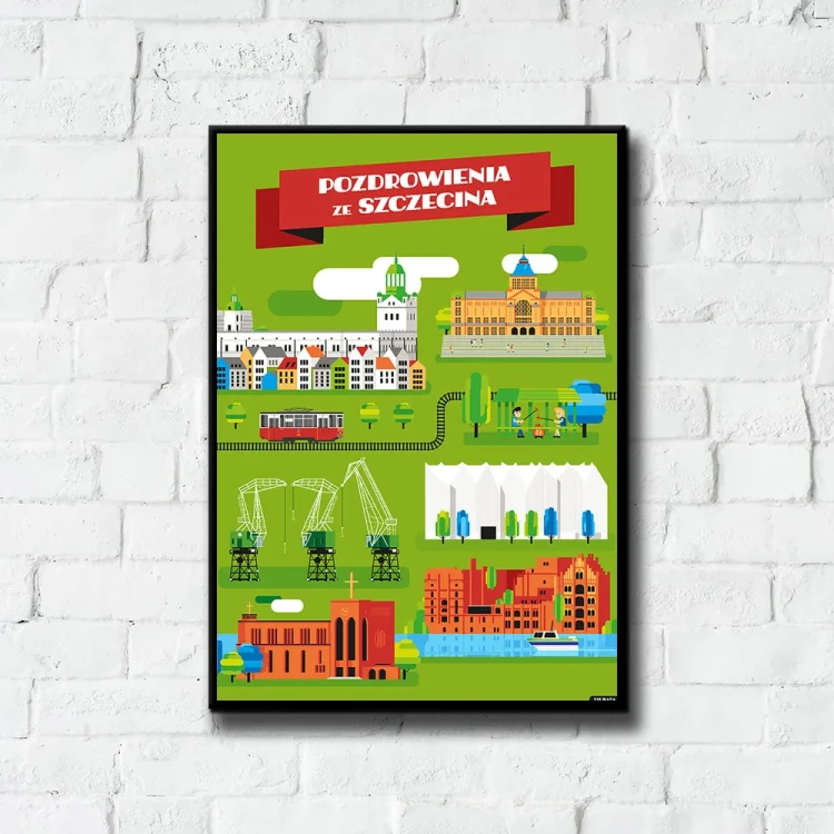 Plakat Pozdrowienia ze Szczecina tło ściana białe cegły