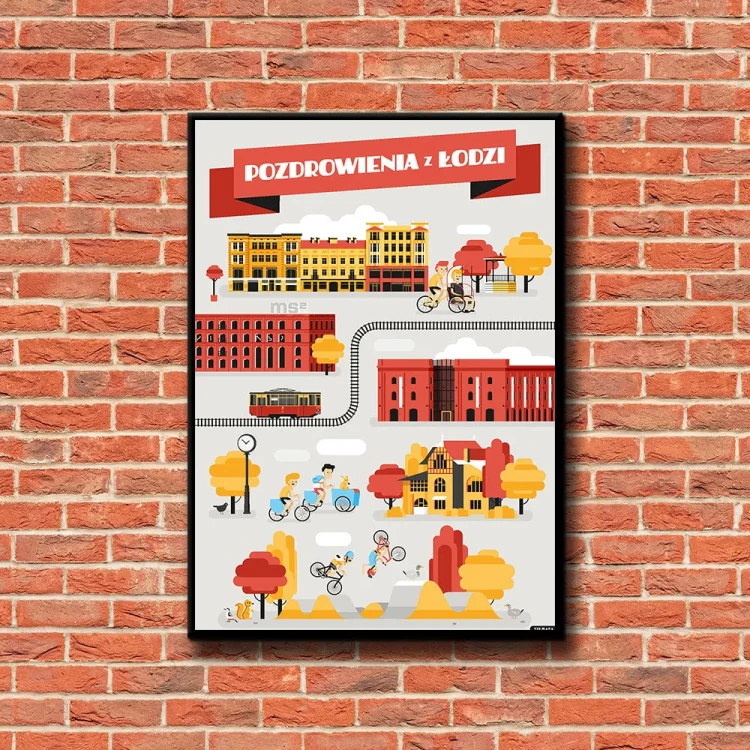 Plakat Pozdrowienia z Łodzi tło ściana czerwone cegły