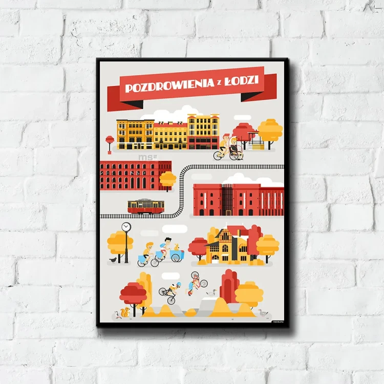 Plakat Pozdrowienia z Łodzi tło ściana białe cegły