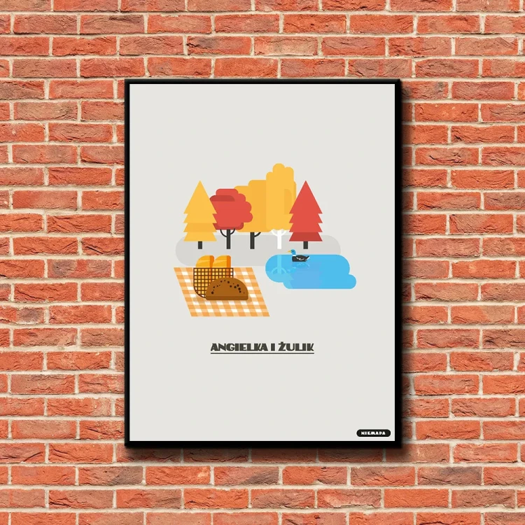 Plakat Angielka i Żulik tło ściana czerwone cegły