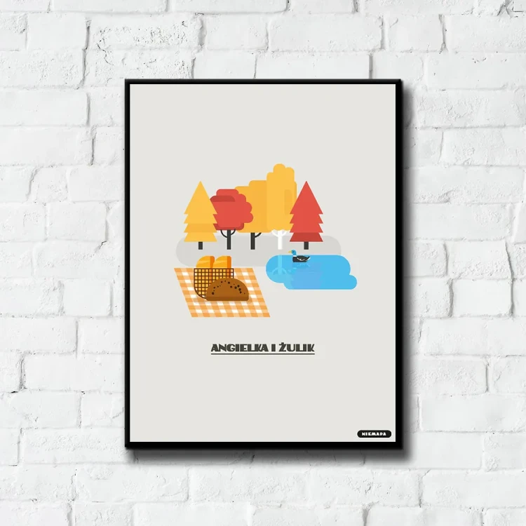 Plakat Angielka i Żulik tło ściana białe cegły