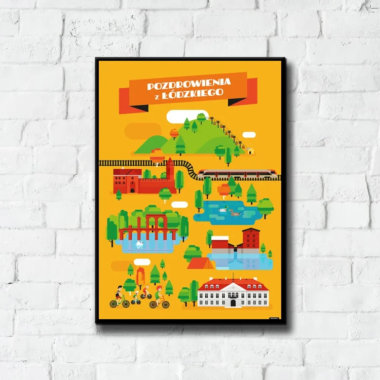 Plakat Pozdrowienia z Łódzkiego tło ściana białe cegły
