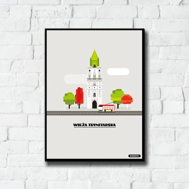 Plakat Wieża Trynitarska tło ściana białe cegły
