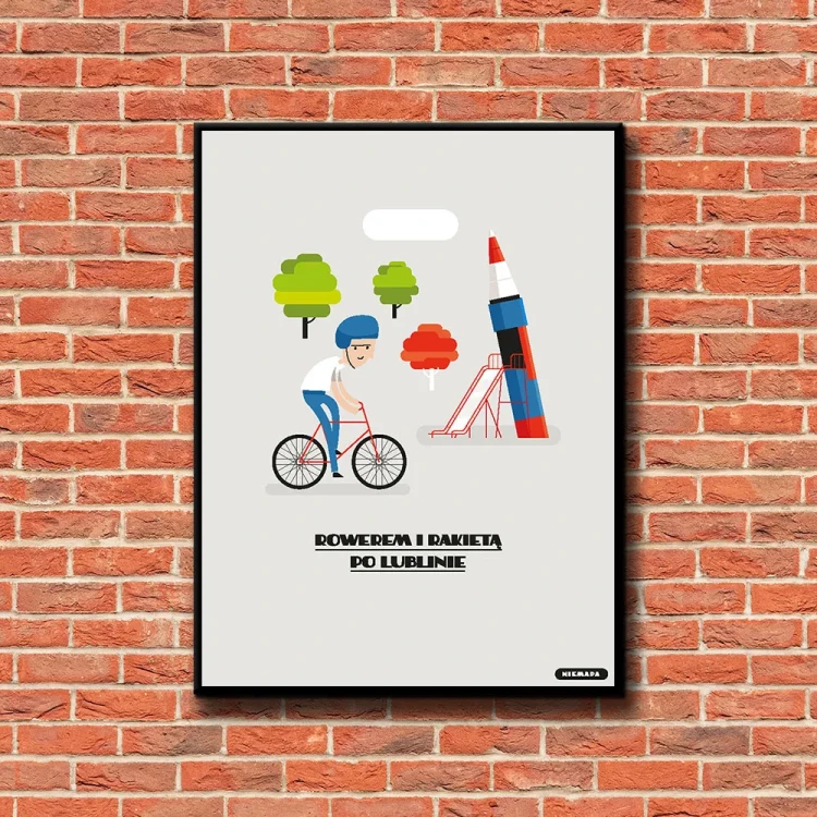 Plakat Rowerem i Rakietą po Lublinie tło ściana czerwone cegły