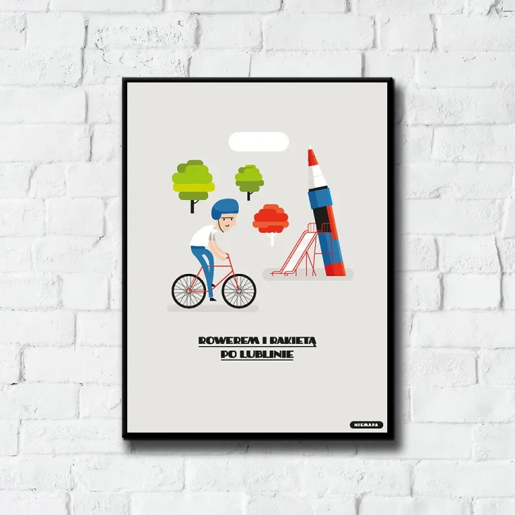 Plakat Rowerem i Rakietą po Lublinie tło ściana białe cegły
