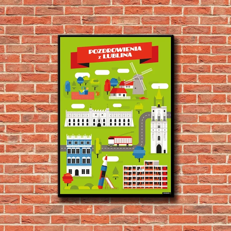 Plakat Pozdrowienia z Lublina tło ściana czerwone cegły