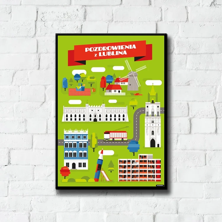 Plakat Pozdrowienia z Lublina tło ściana białe cegły
