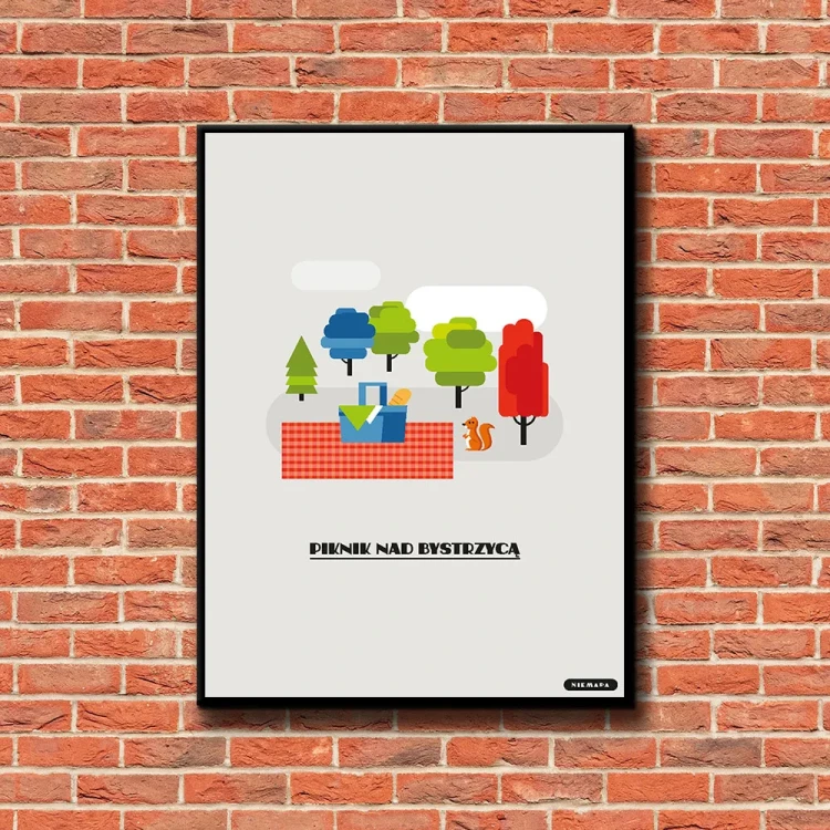 Plakat Piknik nad Bystrzycą tło ściana czerwone cegły