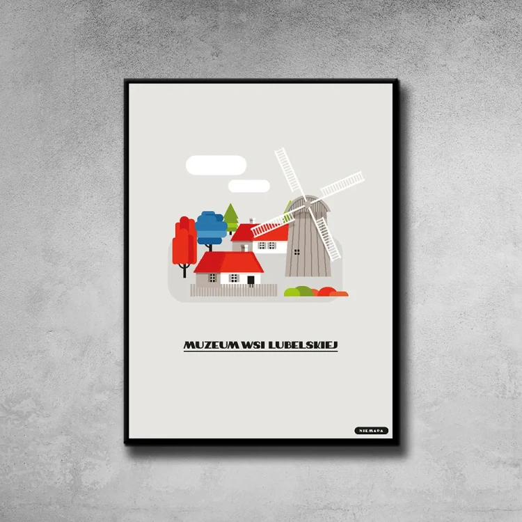 Plakat Muzeum Wsi Lubelskiej tło ściana szary beton