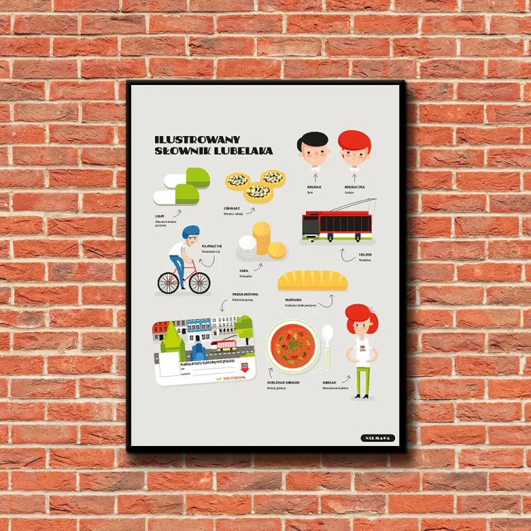 Plakat Ilustrowany Słownik Lubelaka tło ściana czerwone cegły