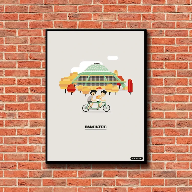 Plakat Dworzec w Kielcach tło ściana czerwone cegły