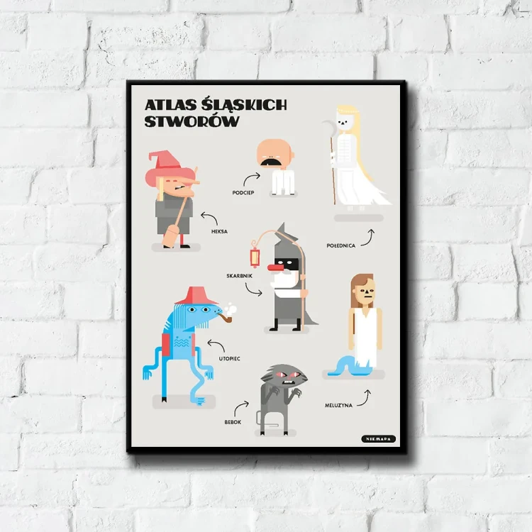 Plakat Atlas Śląskich Stworów tło ściana białe cegły