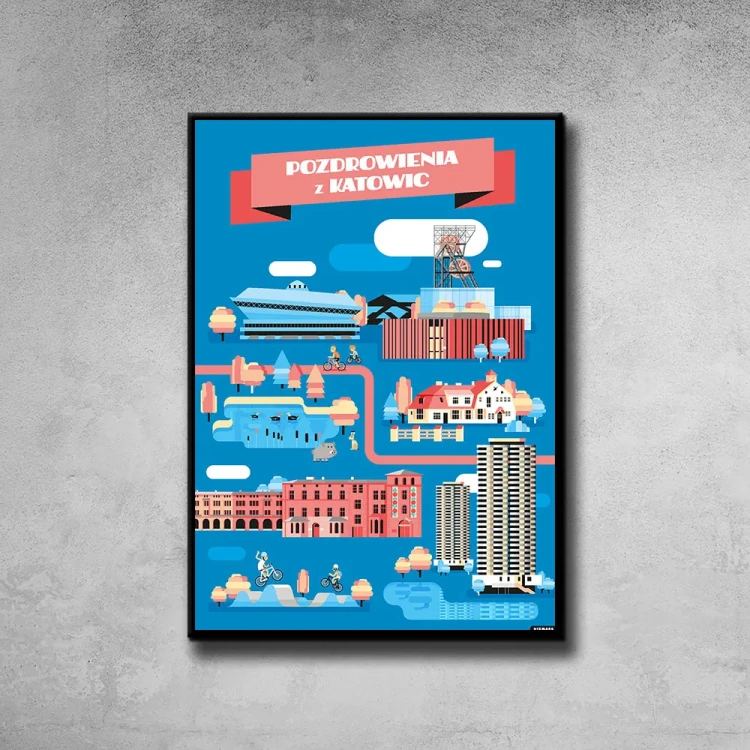 Plakat Pozdrowienia z Katowic tło ściana szary beton