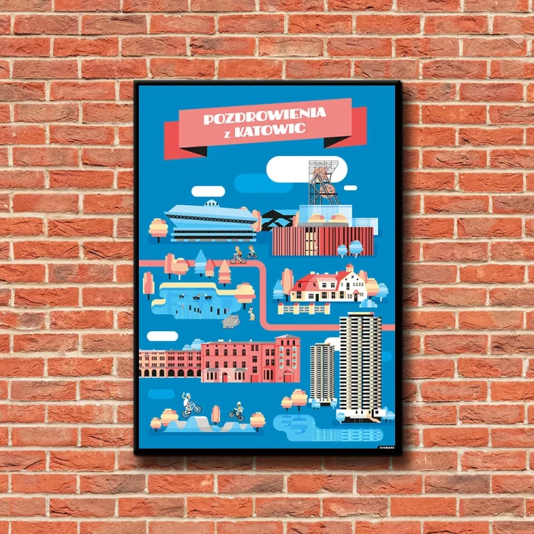 Plakat Pozdrowienia z Katowic tło ściana czerwone cegły