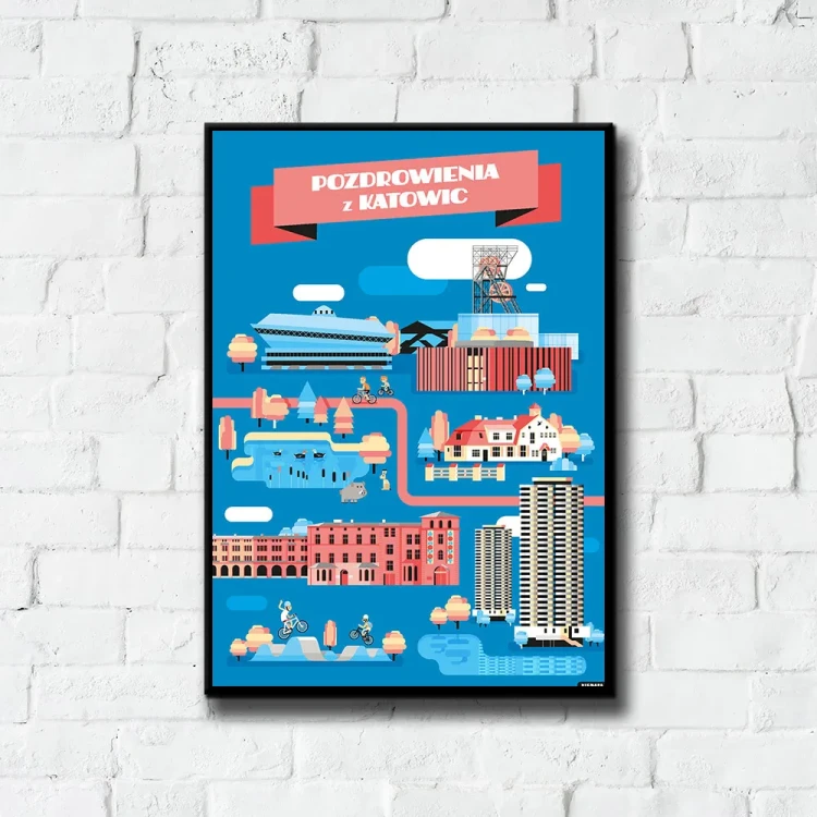 Plakat Pozdrowienia z Katowic tło ściana białe cegły